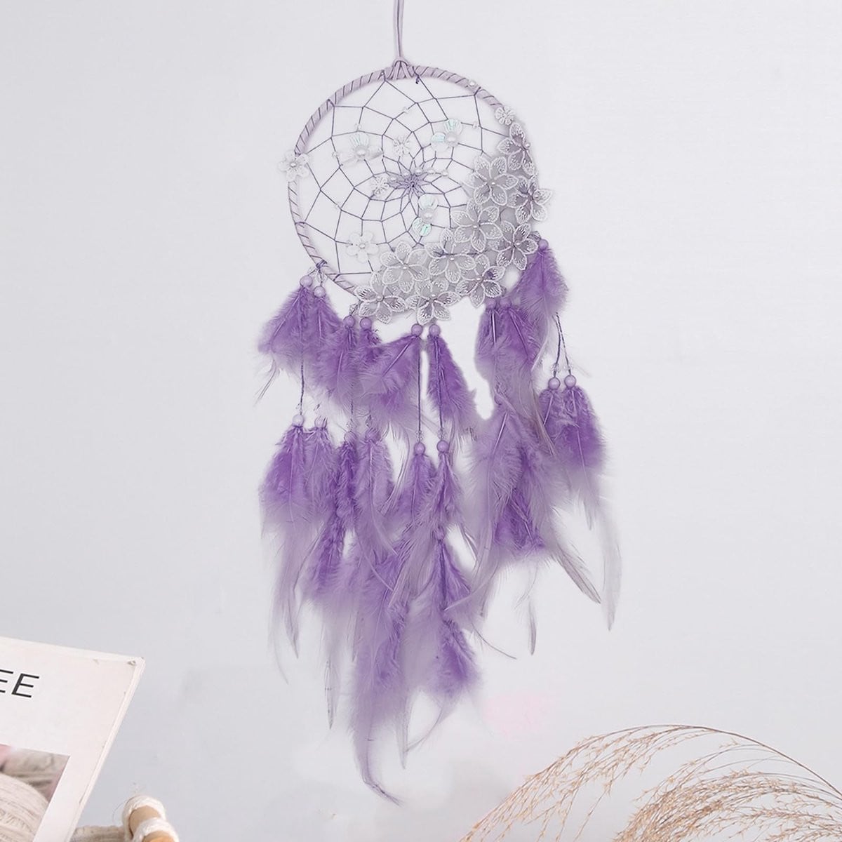 Dailygoods Dromenvanger handgemaakt - Grote paarse dromenvanger voor wanddecoratie - Hoogte: 60 cm, Breedte: 16 cm