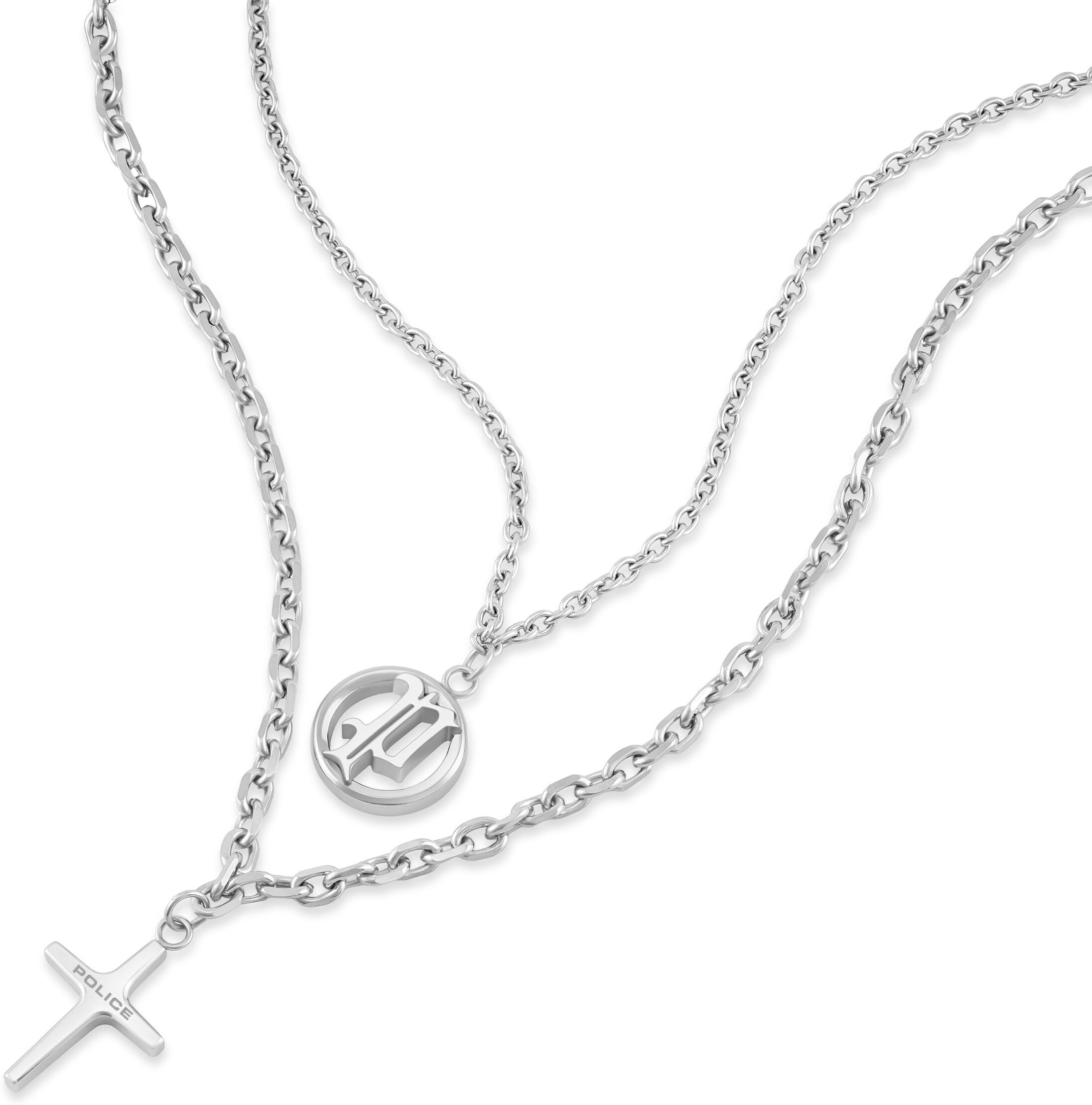 Kette mit Anhänger POLICE "Duality Kreuz Layering", silber (edelstahlfarben), Halsketten, Herren, Edelstahl, L: 45 55 B: 2,5mm, Kette mit Anhänger, B:2,5mm
