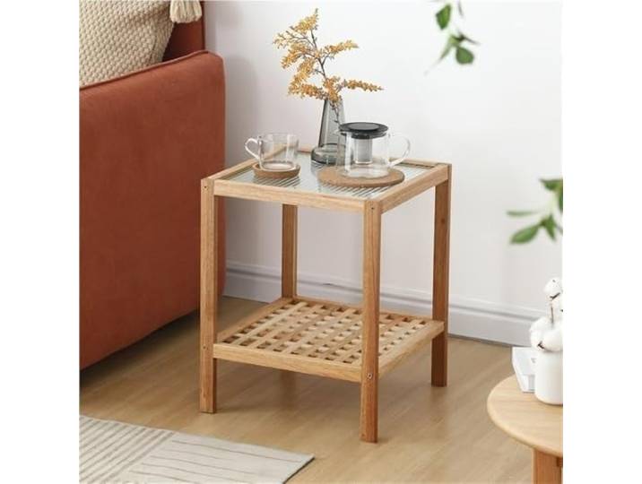 LigedamaiEU Holz-Beistelltisch mit gehärteter Glasplatte, offenem Aufbewahrungsregal, minimalistischem Ende for Wohnzimmer, Eingangsbereich, Büro, leicht