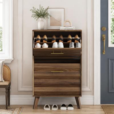 PARISLOFT "23.6"" Flip-Top Shoe Cabinet with Double-Tier Tilt-Out Storage & Open Top Shelf - 23.6 x 9.45 x 37.8''"
