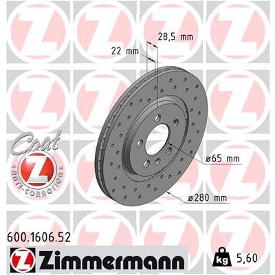 ZIMMERMANN Bremsscheibe SPORT COAT Z 600.1606.52 Vorderachse Gelocht 280mm 22mm für VAG