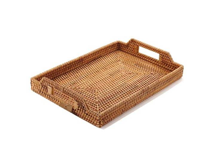 Rattan Serviertablett Rechteckig 37 × 26 × 3,5 cm – Handgeflochtenes Tablett mit Griffen, Natürliches Deko-Tablett für Frühstück, Kaffee, Snacks oder Couchtisch