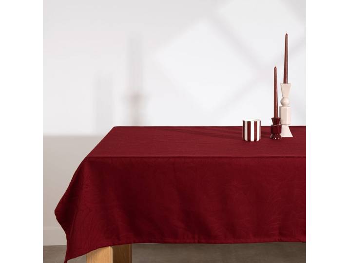 Burgunderrote Jacquard-Tischdecke mit Blattmuster, 140 x 250 cm
