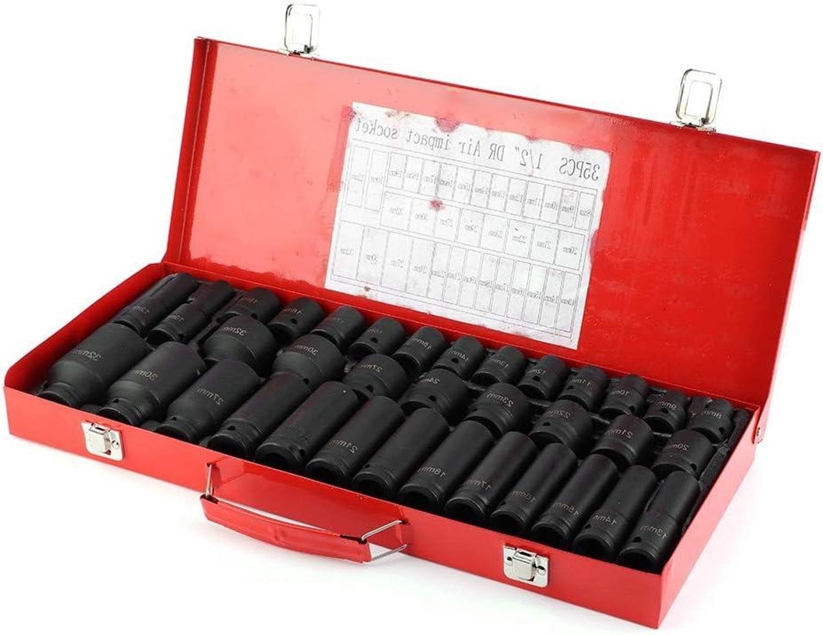 35-delige Hex Bit Drive Impact-dopsleutelset voor 1/2 inch ratel, diepe impact doppen met 6-punt tip, zwart en rood