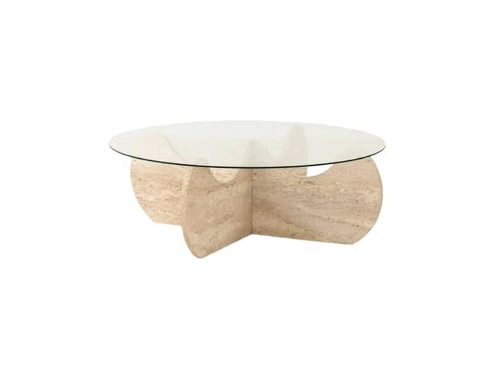Hanah Home Modern Coffee Table, 90 cm Diameter, 30 cm Height 100% Glass Top & Melamine Coated Particle Board Base Elegant Travertine Marble Design