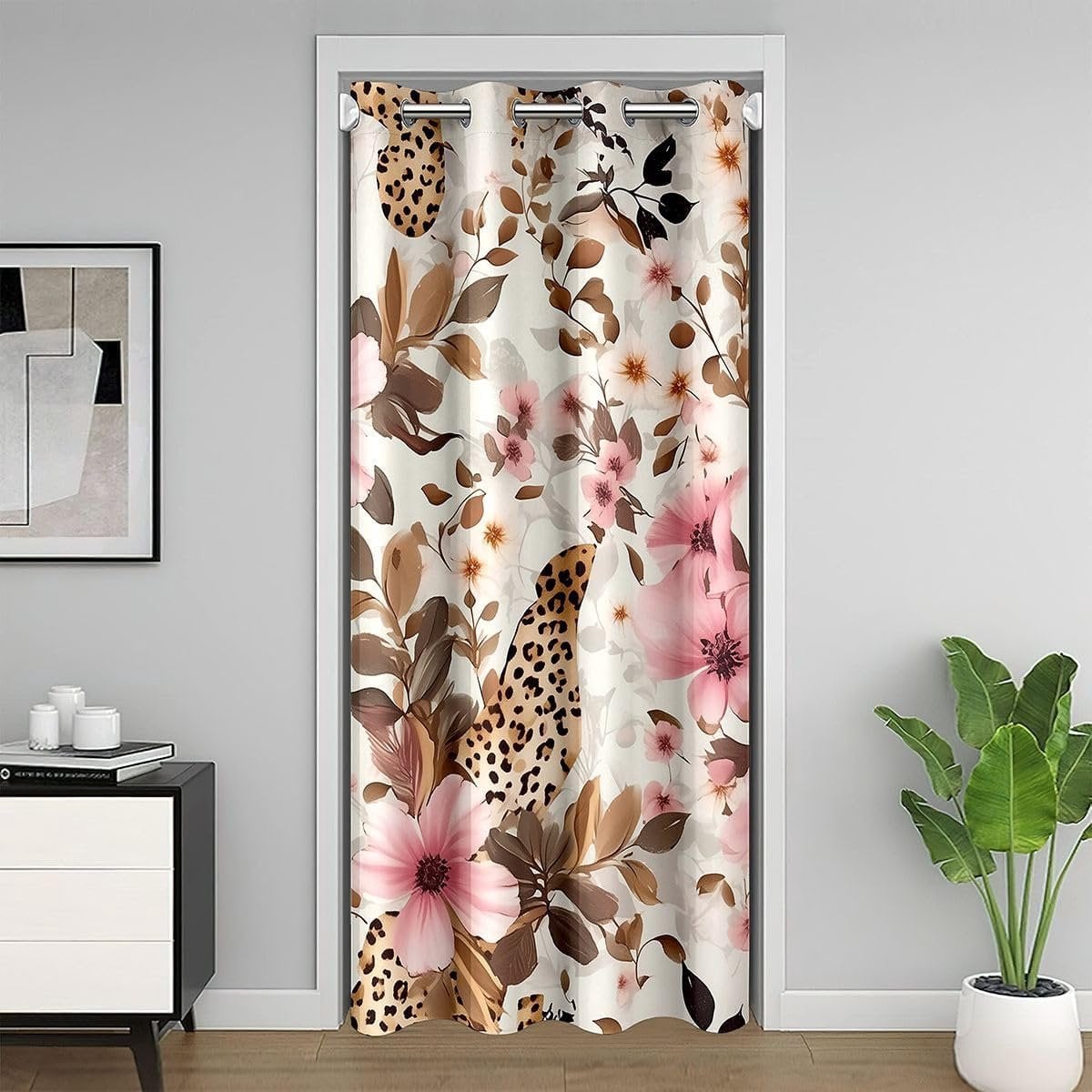 Deurgordijn Luipaard Bloemen met Aquarel Print - Bruin Roze - 132 x 203 cm