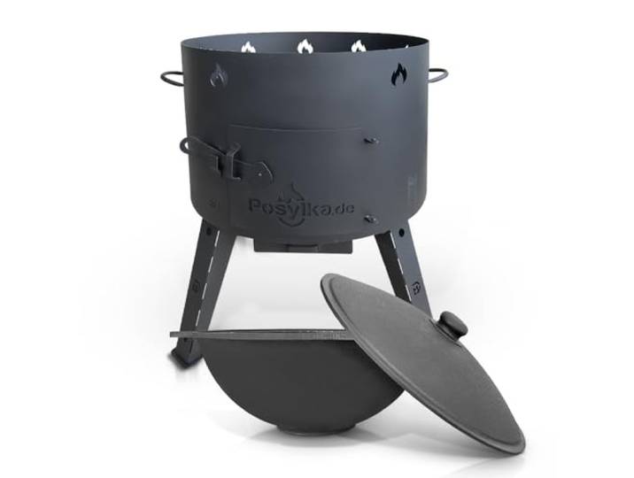 Utschak Feuerofen mit Gusseisen Topf flacher Boden mit Deckel (22 L) KazanoFF, Uchag Feuerofen Gusseisen Kazan Kasan Usbekisch, казан Camping, Gulaschkanone Dutch Oven (Set 22F-6)