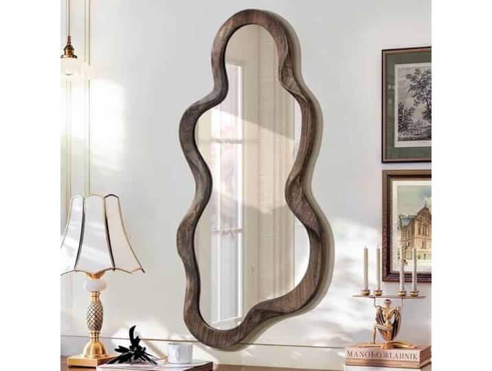 Lzuso Großer asymmetrischer Spiegel für die Wand, Holzrahmen, unregelmäßiger Spiegel, einzigartiger Wolkenspiegel, modernes Wohnzimmer, Schlafzimmer, Schminktisch, Eingang, Flur, dekorativer