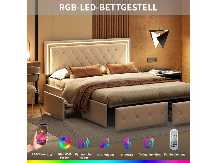Rosahqnda Lit moderne en simili cuir avec tiroirs, lit double élégant en simili cuir avec rangement, sans matelas