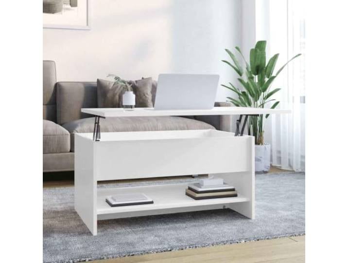 TEKGHUT Couchtisch Hochglanz-Weiß 80x50x40 cm Holzwerkstoff mit Staufach Verstellbare Tischplatte, verstecktes Staufach, glatte Oberfläche, stabil, feuchtigkeitsbeständig, modernes Design
