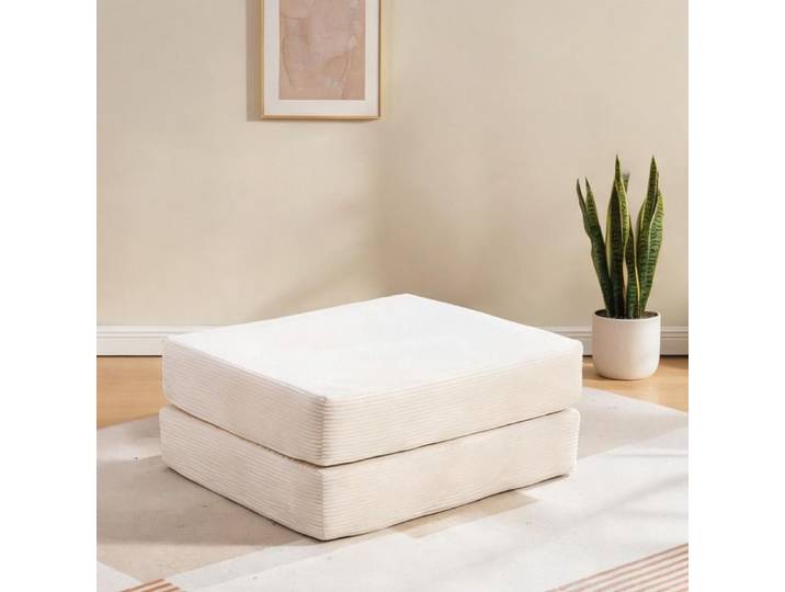 Pouf compressible en velours côtelé beige chaleureux convertible en méridienne compacte 109x95x43 cm