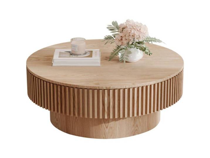Table Basse Ronde Cannelée avec Rangement pour Salon Table Basse à Tambour d'Accentuation de 75 cm Naturel