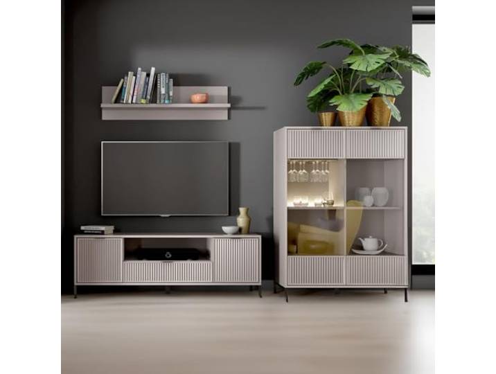 Lomadox Wohnwand Anbauwand Wohnzimmer Set Kaschmir beige 3-teilig modern Wandregal Lowboard Highboard