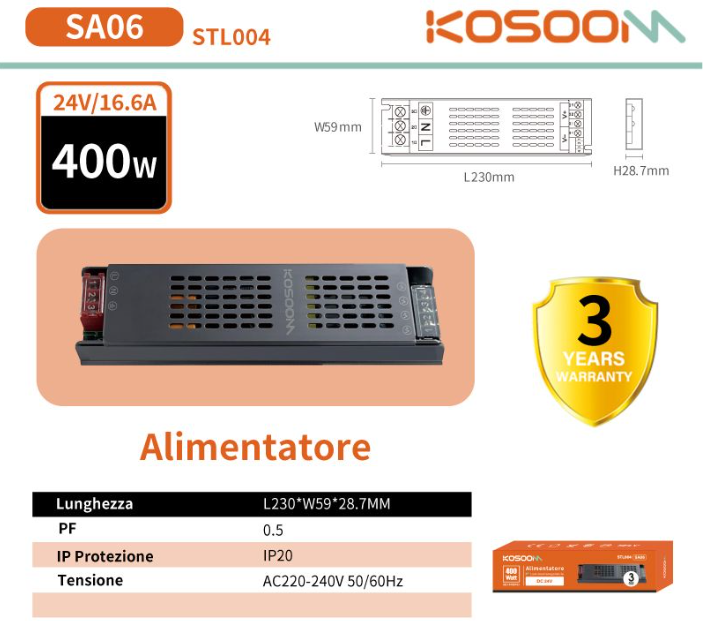 Kosoom Alimentatore Led Sottile , Dimmerabile, 24 V Cc, 400 W, Ip20, Stl004-Sa06