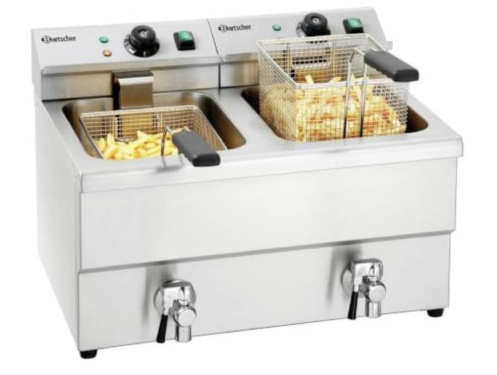 Bartscher Fritteuse IMBISS II Elektro-Tischgerät mit 2 Becken à 8 l, Fettablasshahn, Kaltzone, Chromnickelstahl, silbergrau – für Gastronomie
