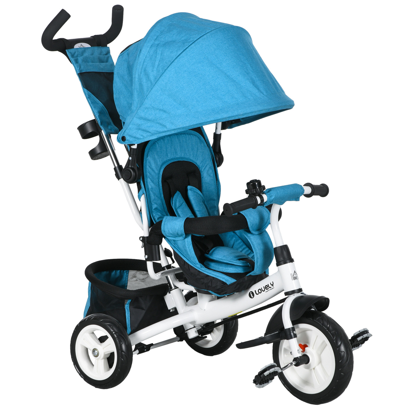 HOMCOM Kinderdriewieler 6-in-1 met achtermand, zonnedak en bekerhouder, Blauw, H x B x D: 102 x 49 x 102 cm