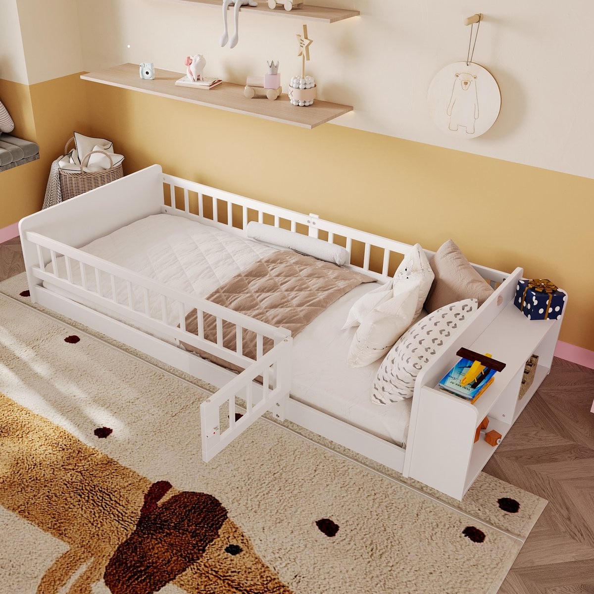 Sweiko Kinderbed met uitvalbeveiliging en opbergruimte, Wit, B/D: 90 x 200 cm