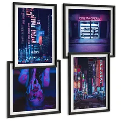 BILDER SET 4er Set - 50x50 cm & 40x60 cm Schwarzer Rahmen - Nachtstadt mit Neonlichtern