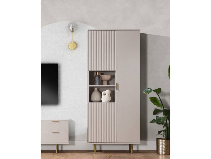 Compleo Regal Fronten gefräst, 3 Drehtüren, elegantes Glamour-Regal, Möbelfarbe: Kaschmir oder Schwarz