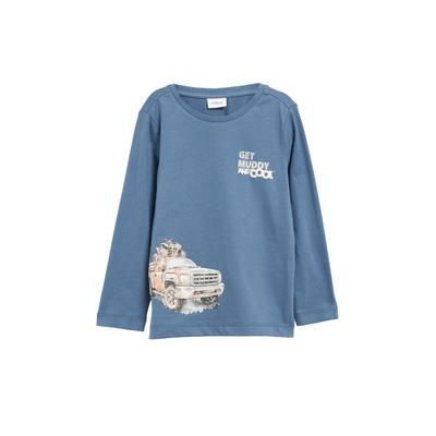 Langarmshirt S.OLIVER JUNIOR, Herren, Gr. 140, blau, Jersey, Obermaterial: 100% Baumwolle, bedruckt, bestickt, regular fit normal, Rundhals, Shirts Langarmshirt, Baumwolle, mit Print und Applikation