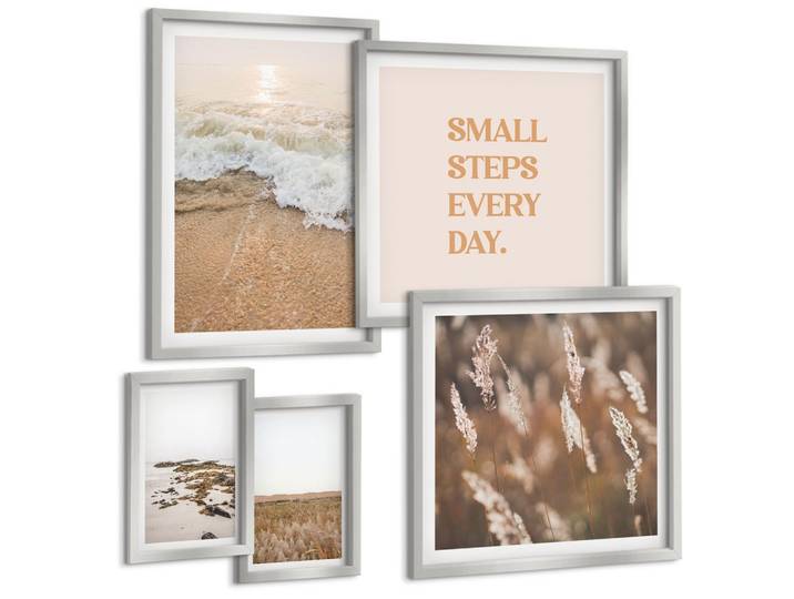 BILDER SET 5er Set - 50x50 cm & 20x30 cm & 40x60 cm Silberner Rahmen - Strandwellen, Steine, Sommer