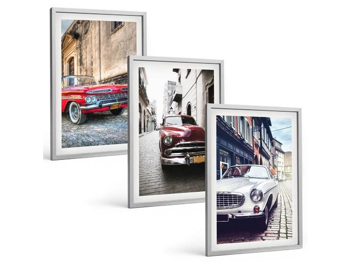BILDER SET 3er Set - 40x60 cm Silberner Rahmen - Oldtimer in Städten