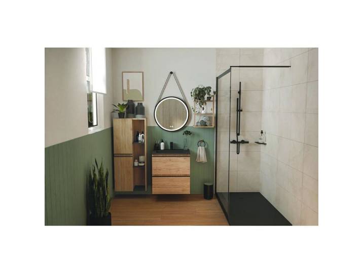 ONDEE ZEN Meuble salle de bain ÉBÈNE - 60cm -Bois -2 tiroirs - Plan noir
