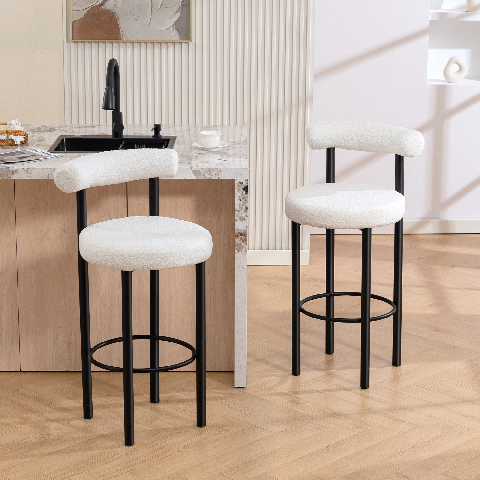 Homcom Set di 2 sgabelli da bar, sedie da bar in tessuto bouclé con schienale curvo, poggiapiedi, 50x52,5x98cm, crema   Aosom Italy