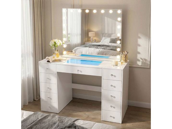 FENCHILIN Coiffeuse avec Miroir LED 11 Tiroirs Blanc 130 x 55 x 157 cm