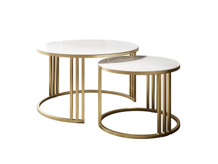 Runder Couchtisch 2in1 LORI GLASS gebürstetes Gold, weißes Glas