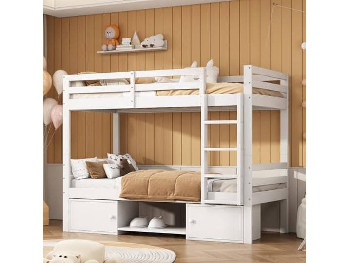Ball & Cast Hochbett (90x200cm) Kinderbett mit Schuhregalen und Spinden, Etagenbett mit Fallschutz und Gitterstäben für 2 Kinder, Weiß