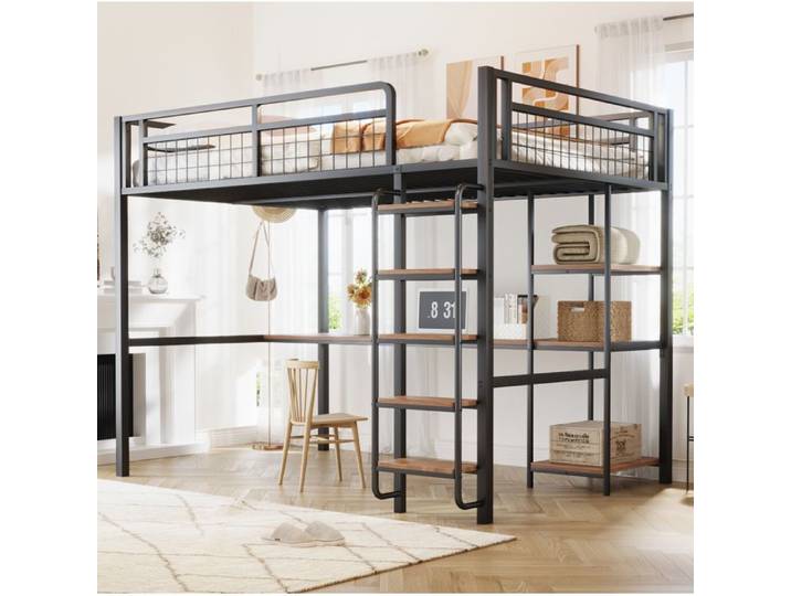 Lit mezzanine 140x200 cm EVRYAE - avec Bureau et Etagères Echelle de sécurité et sans Matelas - Noir
