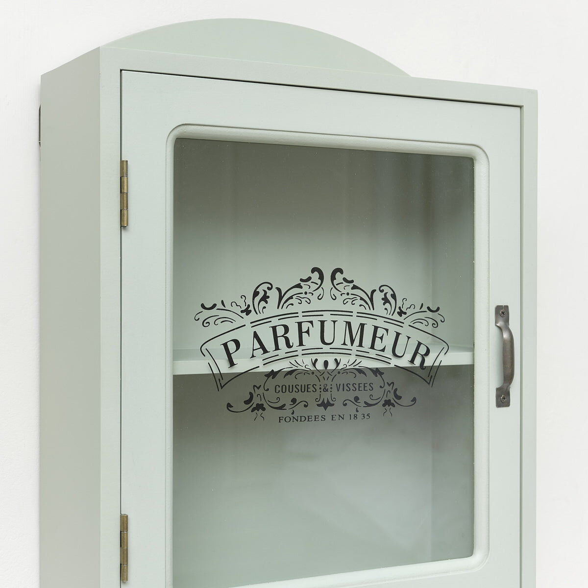 Vintage Style Sage Green Glass Fronted Wall Cabinet 54cm x 32cm Wood, Glass, Metal