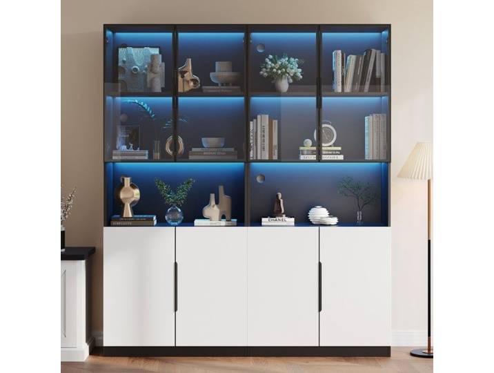 Vitrine LED moderne 30x160x200cm portes blanches & noir bibliothèque collection lumière réglable