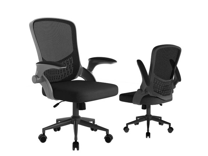 Rattantree Bürostuhl ergonomisch, klappbare Armlehnen, mittelhohe Rückenlehne, Lendenstütze – Schwarz, Metall, 60x100x60 cm, Büromöbel, Bürostühle, Drehstühle