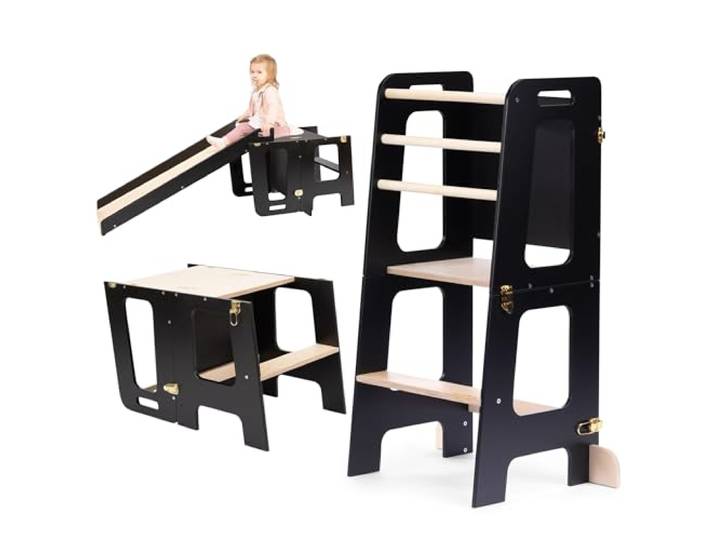 Montessori Lernturm für Kinder Klappbarer Küchenhelfer mit Rutsche & Tafel Stehturm ab 1 Jahr (Schwarz und Holz, Mit Rutsche)