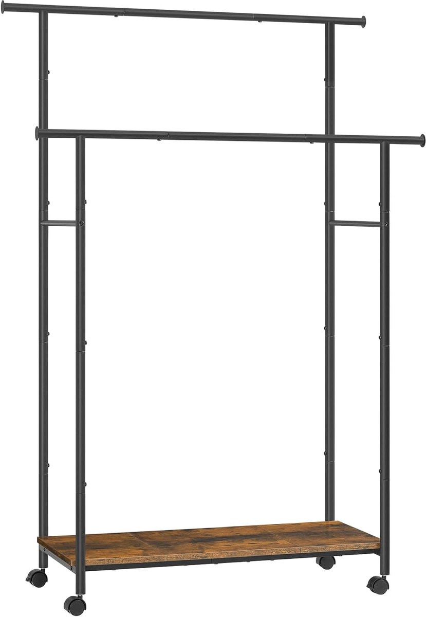 Dubbel kledingrek met wielen en extra hangruimte - Rustiek bruin zwart - Breedte: 985 cm