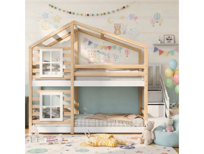Lit cabane Enfants 90x200 Lit superposé Enfant lit Double lit Simple Protection Anti Chute cabane d'arbre avec tiroir Marron + blanc
