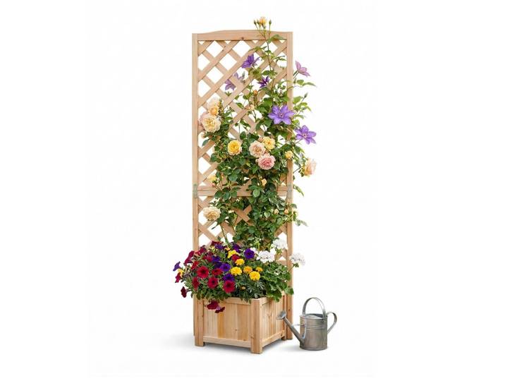 Relaxdays Pflanzkasten Natur Tannenholz mit Rankgitter 180 cm, Beige, Holz, Textil, 55x180x51 cm, Dekoration, Blumen & Blumentöpfe, Übertöpfe