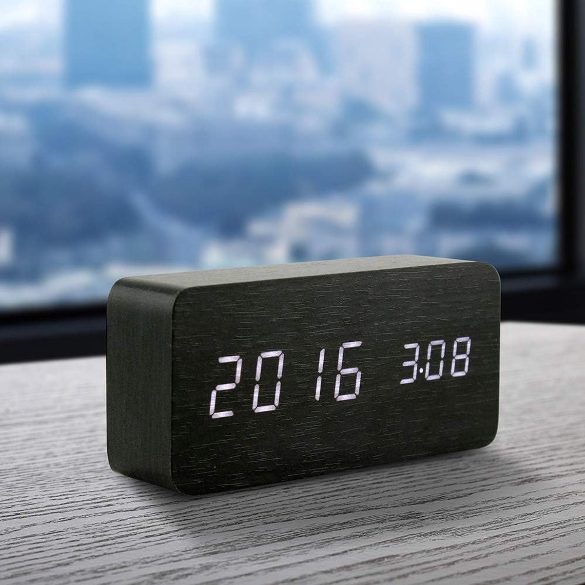 Flintry Zwarte Houten Digitale Wekker - Multifunctionele Slimme Led-Wekker met Temperatuurweergave en USB-aansluiting
