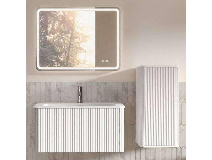 MEUBLIV Ensemble de salle de bain 60 cm avec vasque meuble suspendu miroir LED antibuée et colonne blanc