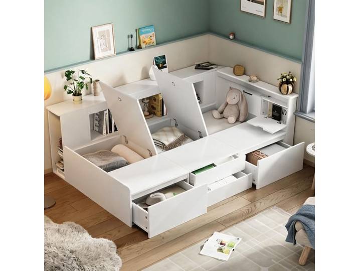 Lit enfant multifonction 90x200 cm avec rangements intégrés en clean white