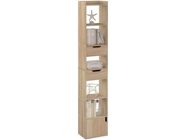 WOLTU Bibliothèque Étagère Étroite et Haute avec 6 Compartiments 2 Tiroirs et 1 Porte en Bois Composé Chêne Clair W0ATT0329
