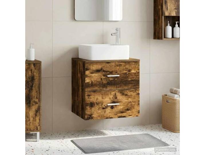 Wandmontiertes Waschbecken-Schränkchen Geräucherte Eiche 49,5 x 41 x 63 cm Holzwerkstoff, silberne Griffe, eingebautes Waschbecken, schneller Abfluss, mit Bohrern, moderne Optik
