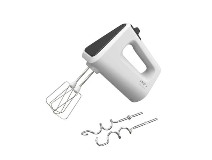 Krups 3 Mix 4000 Handmixer, 450 Watt, robustes Design, variabler Geschwindigkeitsregler, Turbo- und Auswurf-Funktion, inkl. 2 Rührbesen und 2 Knethaken, weiß/grau, GN4001