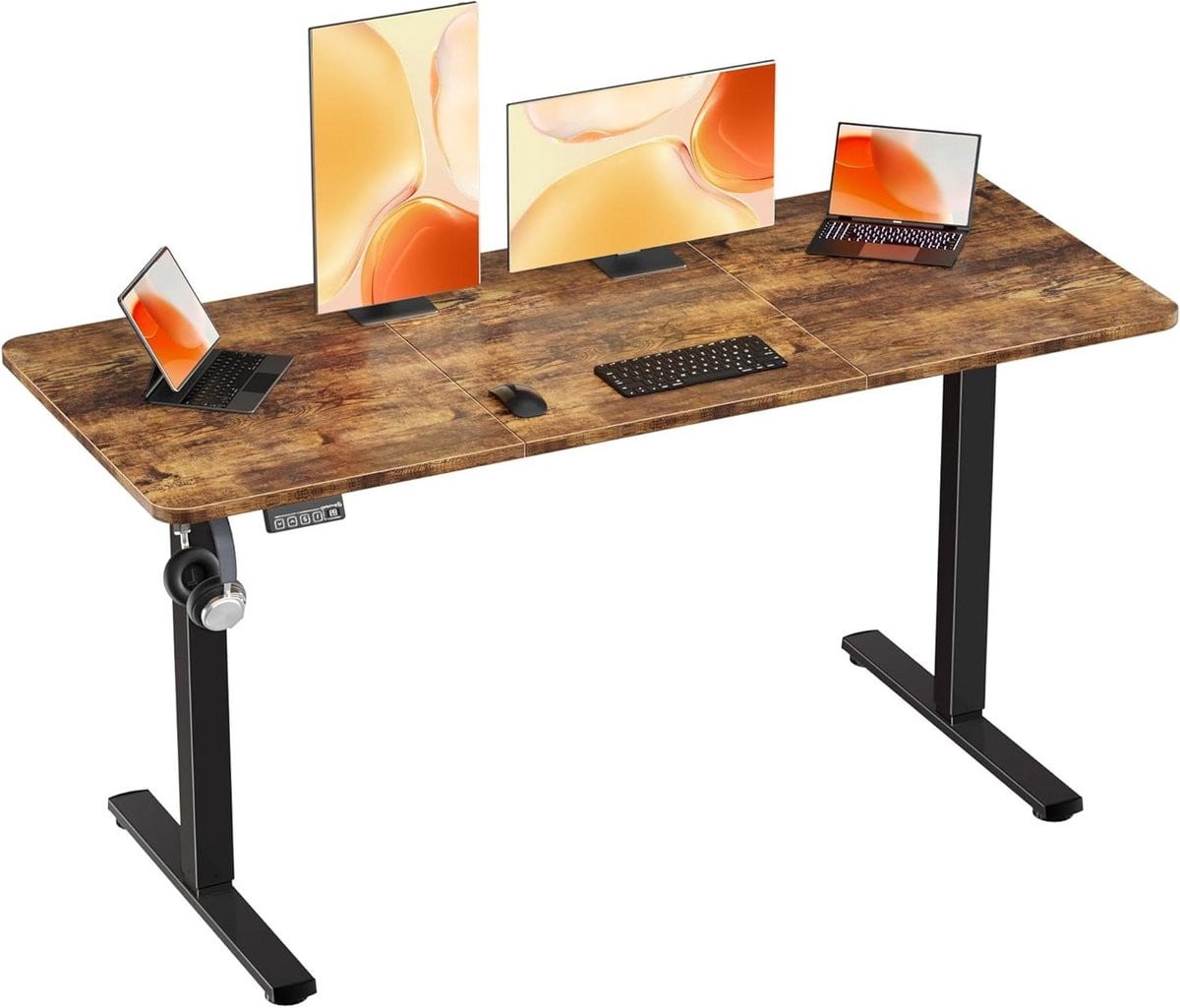 Verstelbaar Zit-sta Bureau - Elektrisch Ergonomisch Bureau met Geheugen - Bruin - B: 140 cm, D: 60 cm
