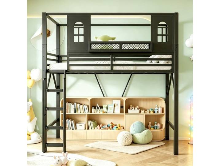 Lit mezzanine enfants 90x200cm Lit multifonction avec échelle de sécurité Zone de jeu avec fenêtre compartiment de rangement Noir