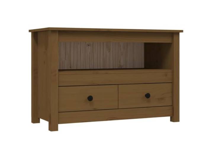 GHVBNMF TV-Schrank Massivholz Kiefer Lowboard Honigbraun 79x35x52 cm Kompakte TV-Kommode aus Echtholz mit 2 Schubladen und Offen-Fach fürs Wohnzimmer. Sichere Wandbefestigung inklusive.
