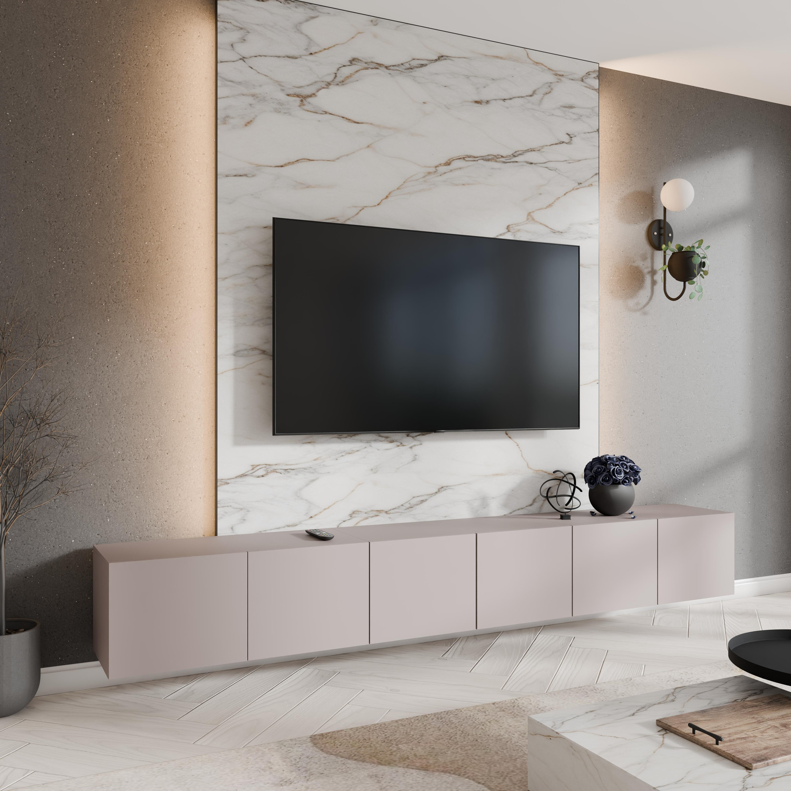 Margaret Hadas Lyon TV-meubel - Modern laag TV-meubel voor de woonkamer - Kasjmier - Breedte: 300 cm