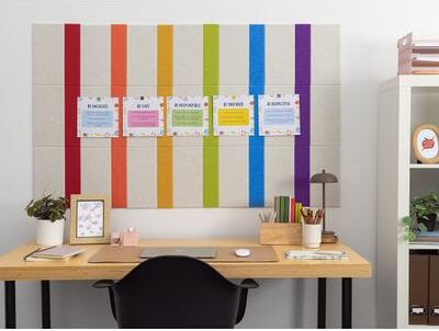 Felt Right Rainbow Pinstripe Bulletin Board   Sound Dampening Pinnable Tiles